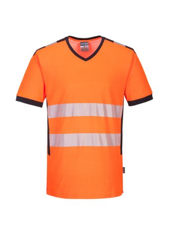 PW3 Warnschutz-T-Shirt mit V-Ausschnitt und Mesh Einsatz kurzarm , 4XL, R, Orange/Schwarz