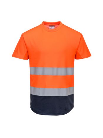 Warnschutz Kontrast T-Shirt mit  Mesheinsatz kurzarm , L, R, Orange/Marine